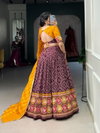 Wine Colour Tussar Silk Bandhej And Patola Print With Foil Work Lehenga With Blouse Dupatta Suppliers In India